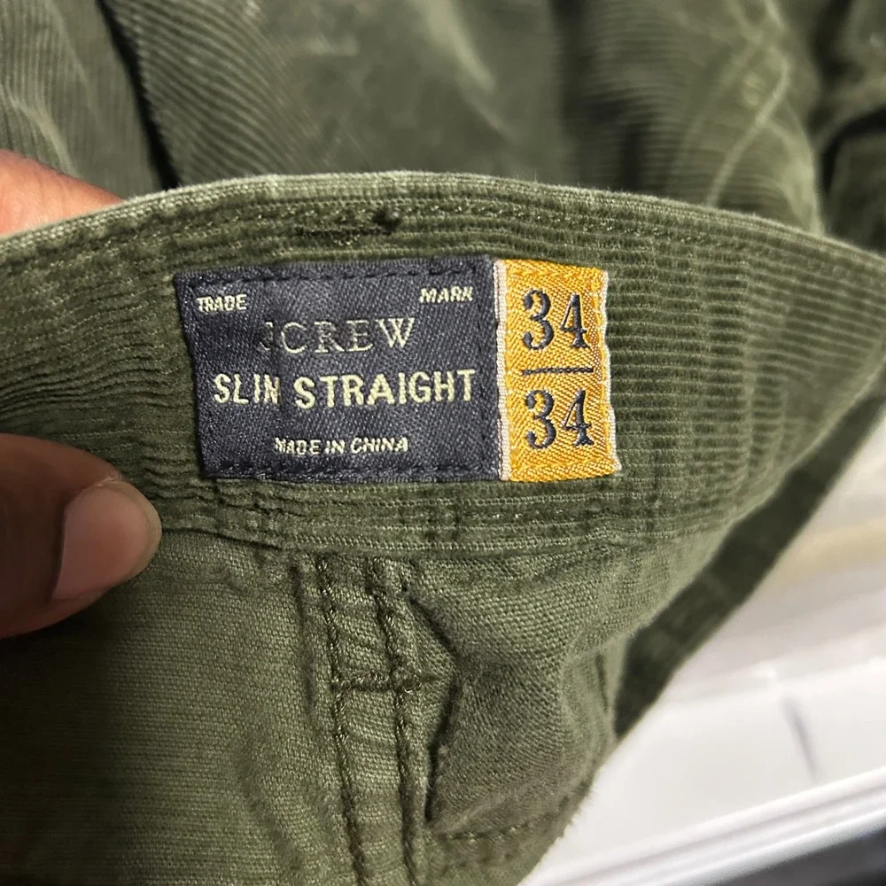 J.Crew Mens Slim Straight Corduroy Pants Olive Green 34x34 5-Pocket Casual